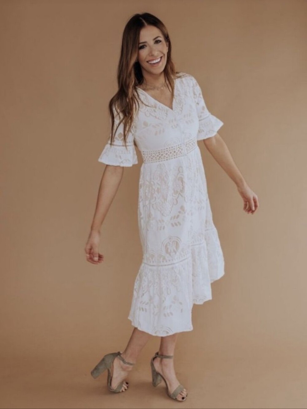 Ivy City Co Lace Boho Crochet Midi Dress Coquette Ruffles Flaire Sleeves Sz XS